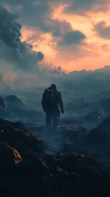 Solitary explorer crossing ember-lit volcanic wasteland.