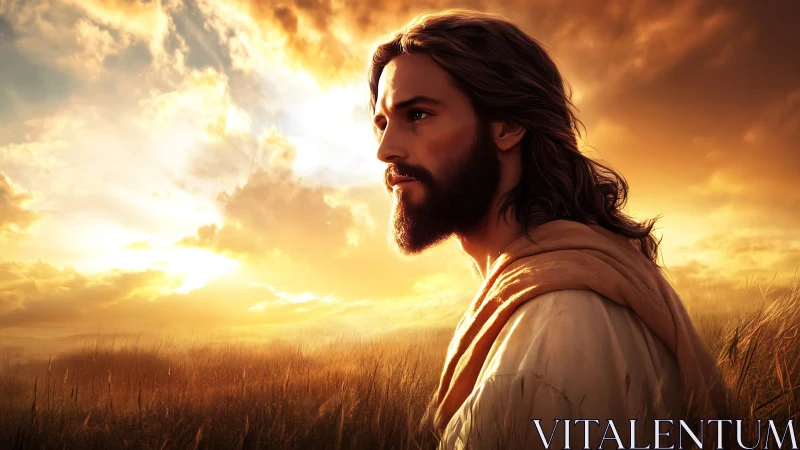 Gentle robed figure walking through a golden evening field.