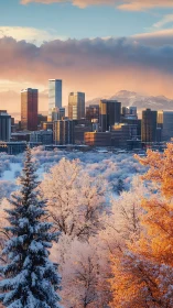 Photorealistic winter skyline with luminous frosted treeline.