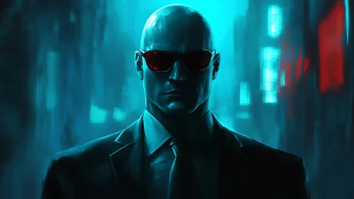 Cyber-noir agent in neon-lit alley rendered as digital painting