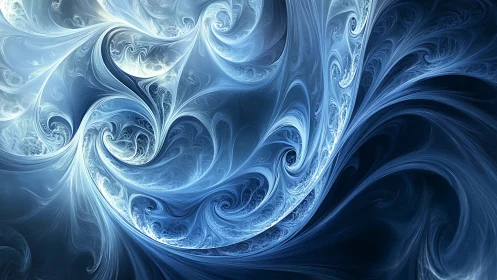Parametric blue fractal waves form recursive swirling filigree