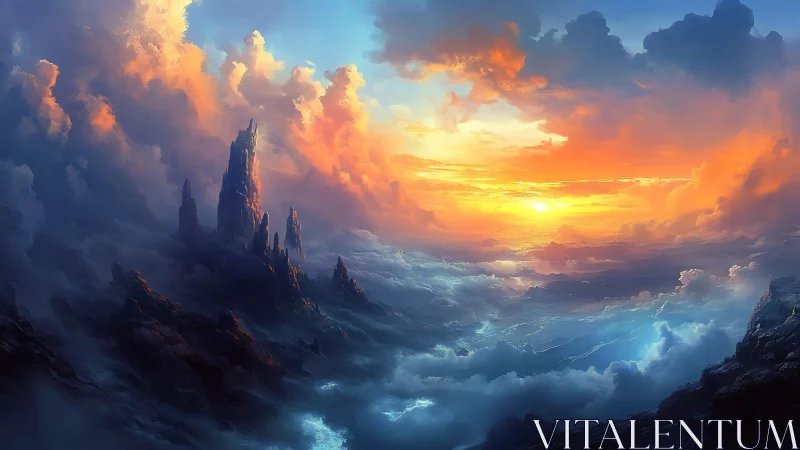 Sunrise citadel above the storm-swept cloud oceanscape.