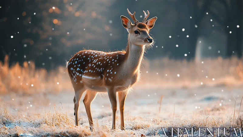 Young spotted deer standing in frosty meadow with snowfall.
