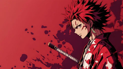 Red-haired anime swordsman stands in profile on blood-red field
