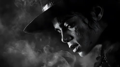 Side profile of a person in hat within dense monochrome smoke