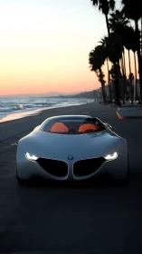 Photorealistic coastal supercar front view at sunset boulevard.