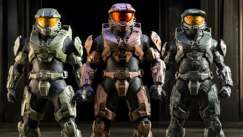 Three armored sci-fi soldiers in full combat exosuits.