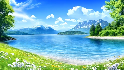 Mountain lake under clear sky with vivid spring shoreline.