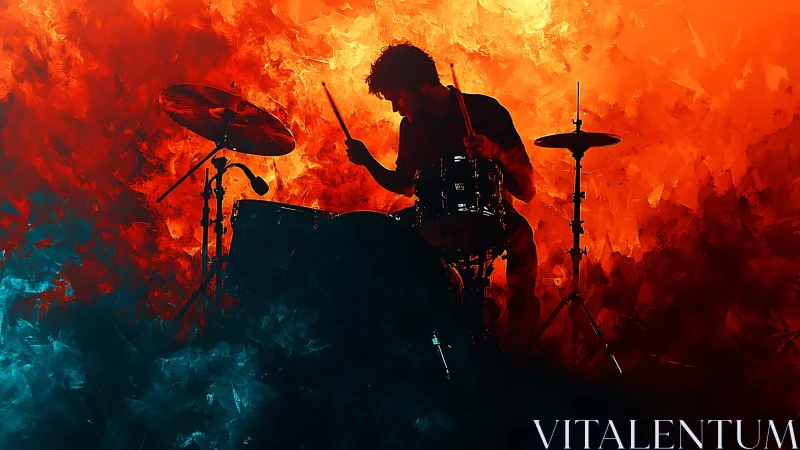 Silhouetted drummer drives a fiery dual-tone abstract stage