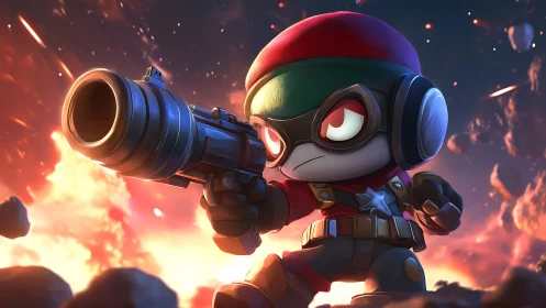 Cartoon soldier character with blaster in explosive scene.