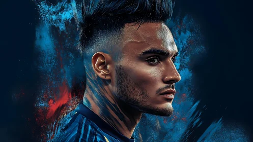 Digital portrait of intense male athlete in blue lighting.