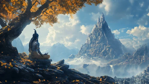 Meditating figure sits under tree facing distant jagged mountain