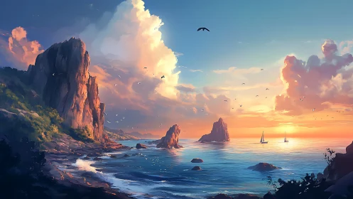 Coastal cliffs overlook calm sunset sea with sailing boats