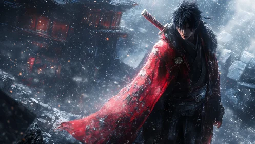 Lone samurai strides through a storm of snow and neon embers