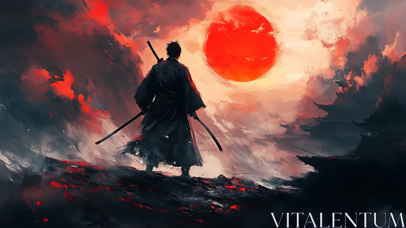 Lone samurai silhouette under oversized crimson sun at dusk
