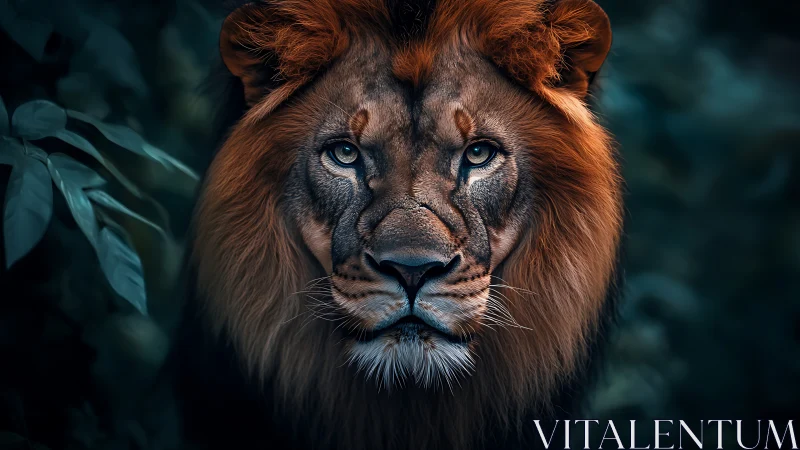 Close-up portrait of a male lion in dark green foliage.