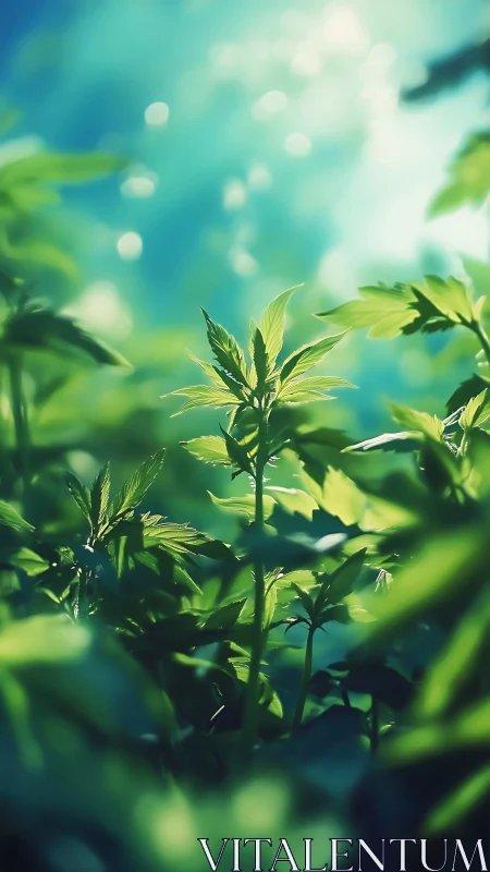 Sunlit green leaves reaching toward a dreamy blue sky.