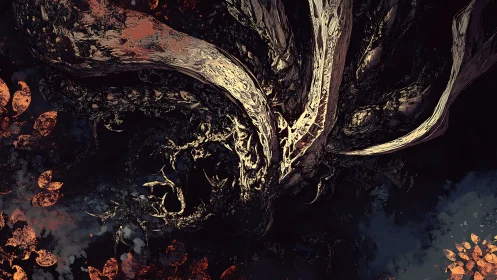 Twisted infernal roots coil through dark void with scorched bloom.