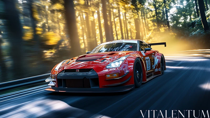 High-downforce GT race car cornering through volumetric forest light
