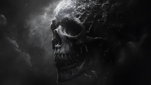 Eroded human skull in high contrast monochrome rendering.