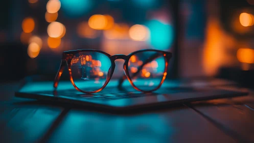 Glasses on laptop reflecting bokeh city lights in shallow focus