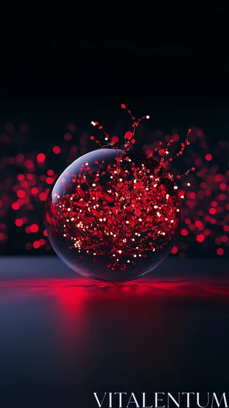 Glowing red particle nebula expands inside reflective glass sphere