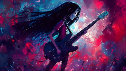 Neon storm guitarist shreds through swirling cosmic color.