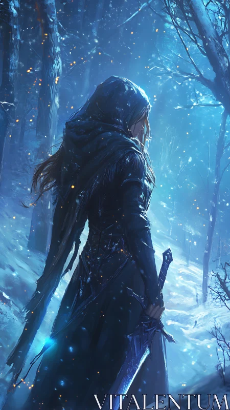 Lone winter warrior wandering through a glowing blue forest.