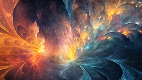 Cosmic flower bursts in swirling gold and sapphire light.