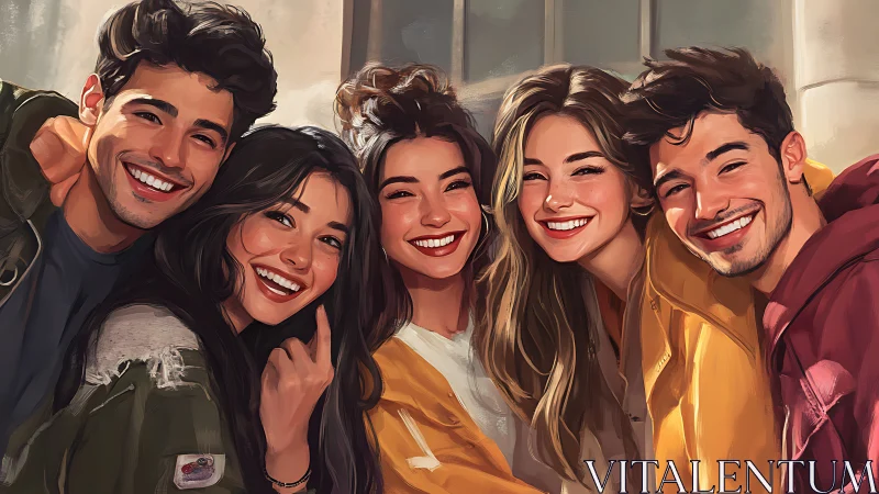 Smiling young friends standing together outdoors.