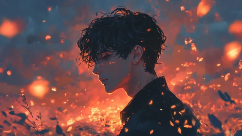 Melancholic youth amid blazing embers and cool dusk sky.