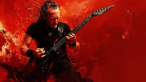 Electric guitarist in red abstract digital environment.