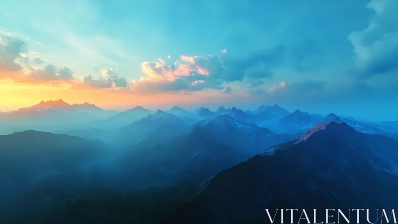 Vast blue mountain range under vivid sunrise sky.