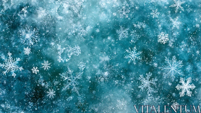 Detailed white snowflakes scattered on blue icy background.