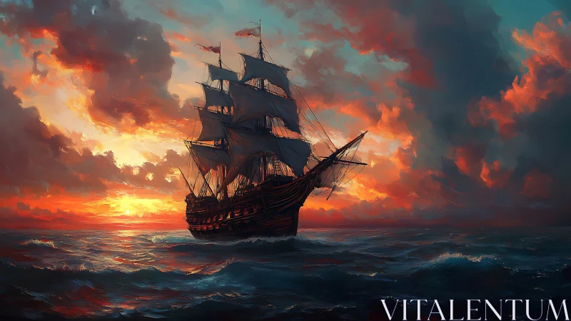Tall ship sails across rough sea under vivid sunset sky.