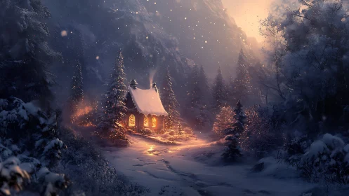 Luminous alpine cabin amid volumetric winter atmospherics.