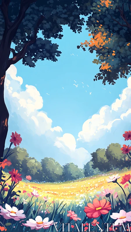 Tree-framed meadow landscape under clear midday sky.