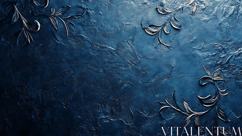 Embossed metallic vines on textured blue surface under raking light