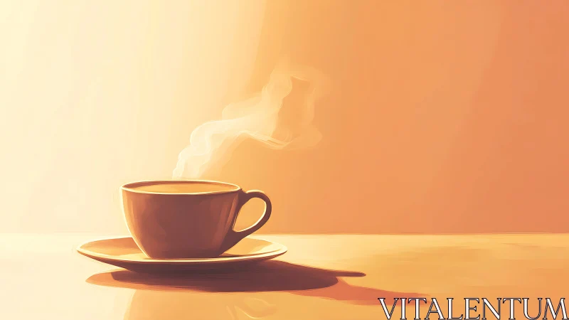 Steam rises from a ceramic cup on a saucer under warm light
