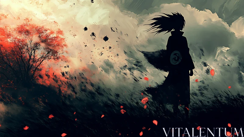 Windswept wanderer under stormlit sky and blazing tree.