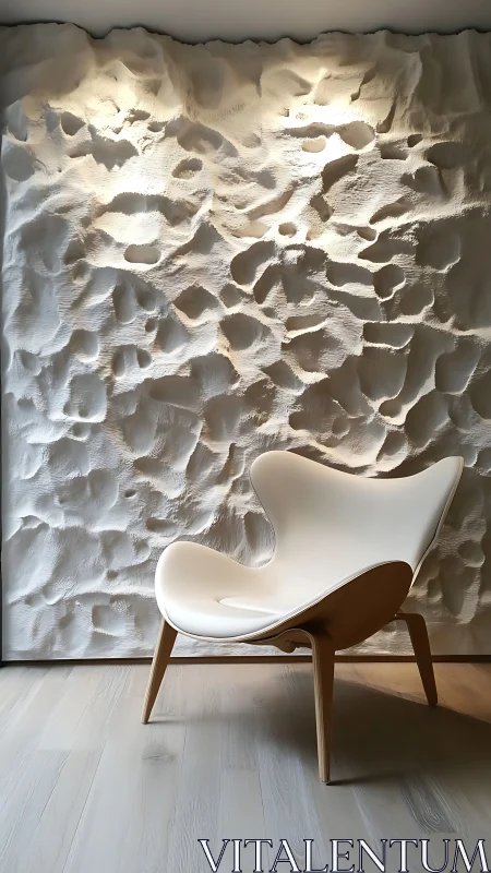 Organic sculpted wall with ergonomic shell chair in soft grazing light
