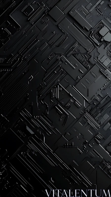 Black geometric relief surface shows layered circuit-like forms