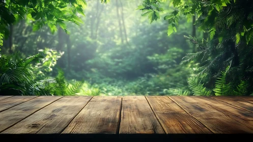 Wooden Deck Overlooking Misty Forest.