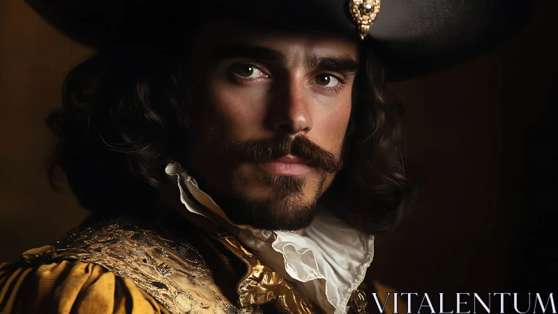 Velvet-mantled cavalier in golden light and solemn gaze.