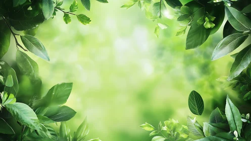 Lush green leaves frame a softly glowing nature background.