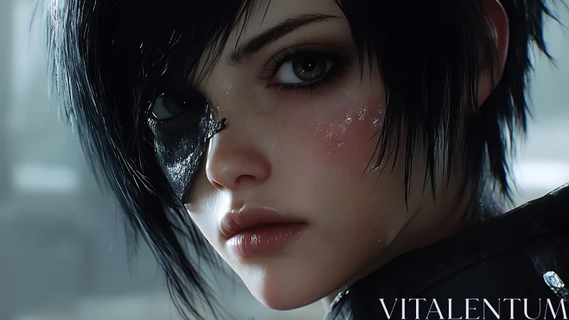Gaze settles on a fierce girl with a worn black eyepatch