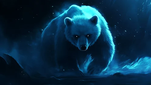 Luminous spirit bear strides through an icy midnight storm