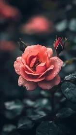 Coral Rose with Dewdrops Blooming Against Dark Foliage.