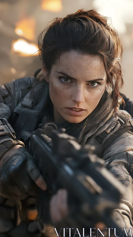 Tactical combat portrait with shallow‑focus ballistics framing.