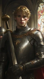 Young armored knight holding sword in dim cathedral interior.